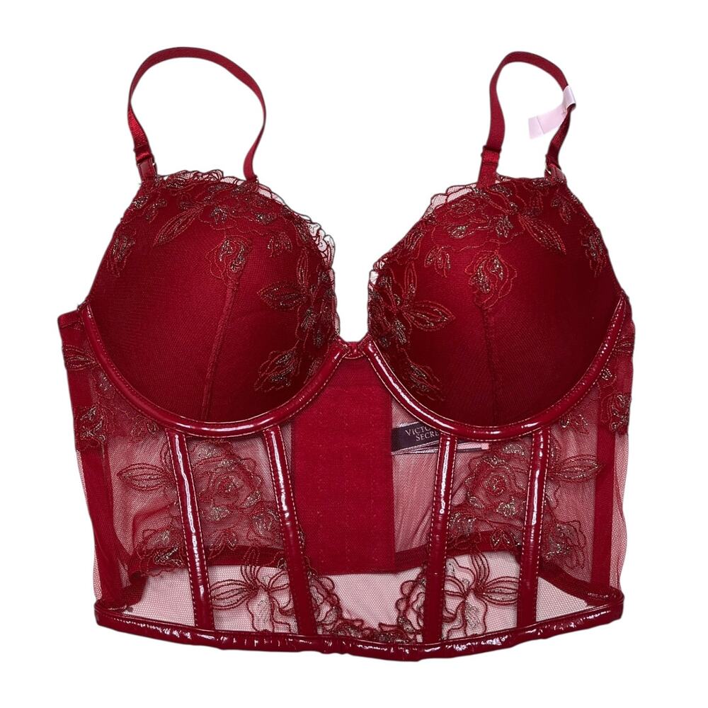 Victoria's Secret Midnight Affair Embroidery Push-Up Corset Top Red Lacquer 36D